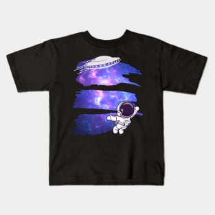 Ufo alien funny cute flying spaceship astronaut moon mars cosmic forest Kids T-Shirt